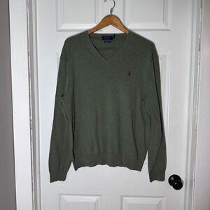Polo Ralph Lauren Mens‎ V Neck Sweater Green Pima Cotton Size XL TG